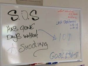 The whiteboard at the SOS South Bronx office displays the number of days since the last shooting in the territory SOS covers. (LAUREN FOSTER/The Bronx Ink)